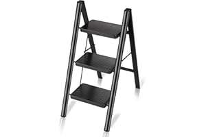 FLYGENERAL 3 Step Ladder, Black Iron Folding Ladder Stool, Wider Upgraded Non-Slip Treads, Portable Lightweight Ladder for Home and Kitchen, Holds up to 330 Lbs.