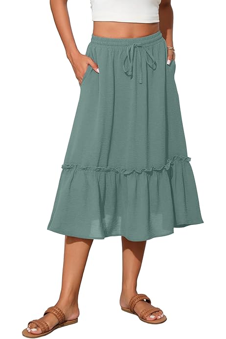 Maxi Skirt Women's Cotton Linen Skirt Elastic Waisted Ruffle