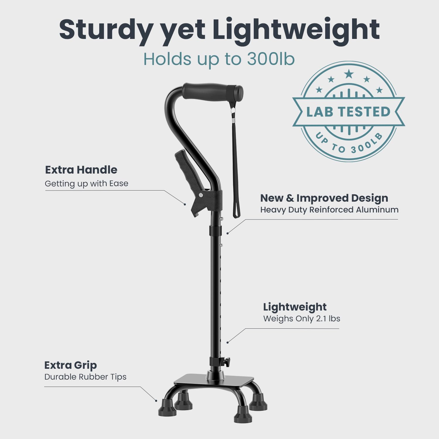 PELEGON® Quad Cane for Women & Men for Stability (300LB) - Adjustable Walking Cane with A Large 4 Pronged Base for Balance & Stability, Walking Canes for Seniors, Walking Cane, Walking Sticks (Black)