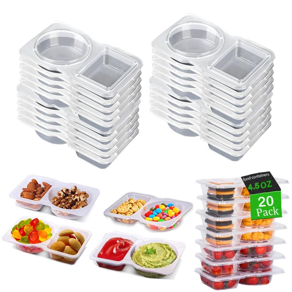 Photo 1 of 20 Sets Snack Condiment Containers with Lid, Disposable Double 2 compartments Dipping Container Refrige, Reusable Takeaway Sauce Dip Case Storage for Outdoor Sampling Travel Picnic Take-out (20)