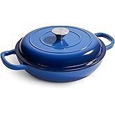 3 Quart Enameled Cast Iron Braiser, Non Stick Enameled Cast Iron Skillet with Lid, Dutch Oven Skillet with lid up to 500°F for Oven, Stove, Grill, Shallow Dutch Oven for Cook, Bake (Blue)