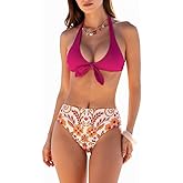 CUPSHE Women's Bikini Sets Two Piece Swimsuit Halter Mid Rise Bunny Tie
