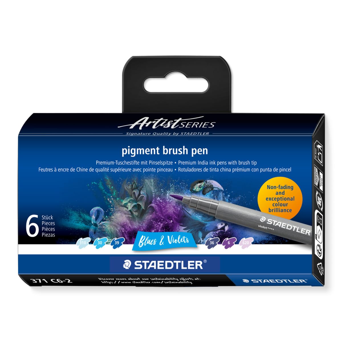 STAEDTLER 371 C6-2 Pigment Arts Brush Pen - Assorted Blue & Violets Colours (Pack of 6)
