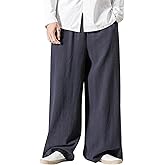 Kissonic Mens Casual Linen Pants Elastic Waist Drawstring Baggy Pants Cotton Wide Leg Yoga Beach Trousers