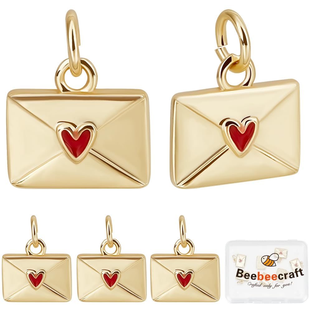 Beebeecraft 1 Box 10Pcs Envelope Charm with Enamel Red Heart Love Letter Envelope Charms 18K Gold Plated Dangle Jump Ring for Jewelry Making Necklace