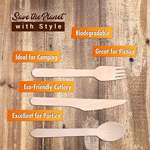 Biodegradable Disposable Wooden Cutlery Utensils - (Pack of 330) 110 Forks 110 Knives 110 Spoons 5.5-inch Set Eco-Friendly Compostable Silverware Kit Party Supplies Events