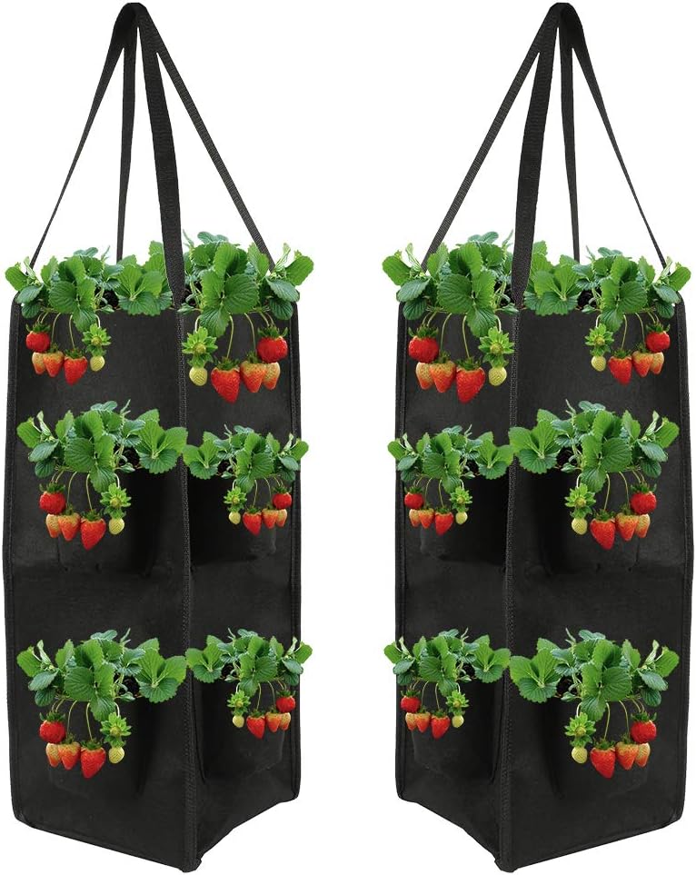 MeteorFlying 2PACK Strawberry Planting Bags with Handle 10 Gallon 8 Side Grow Pockets Strawberry Planter Breathable Hanging Growing Bags for Garden Strawberries, Herbs, Flowers (Black)