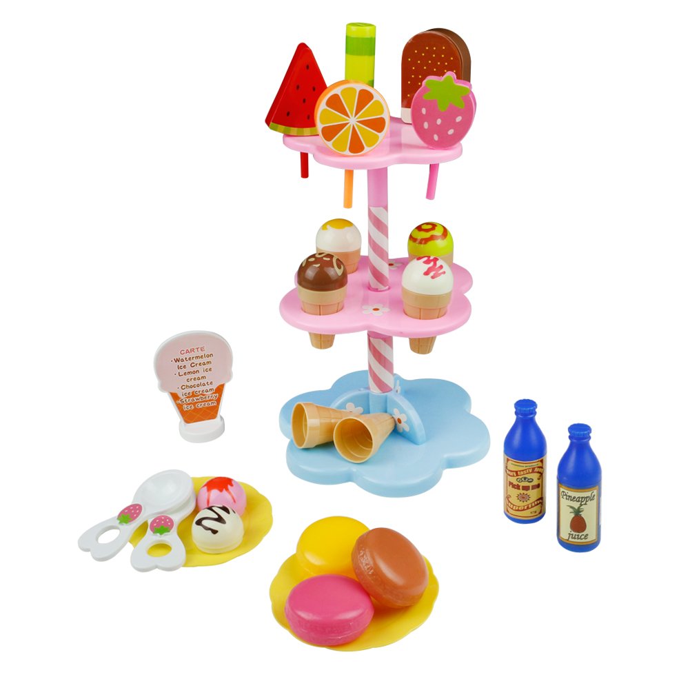 Role Play Toy 22 PCS DIY Desserts & Ice Cream Lolly Stand Pretend Play Set Food Toys House Toys for Children Girls Aged 3 and Up