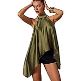OYOANGLE Women's Halter Neck Sleeveless Top Flowy Asymmetrical Hem Summer Going Out Satin Blouse Shirt Club Wear