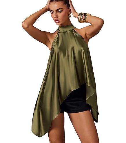 Women Satin Halter Top Y2K Mock Neck Lace Trim Asymmetrical Hem