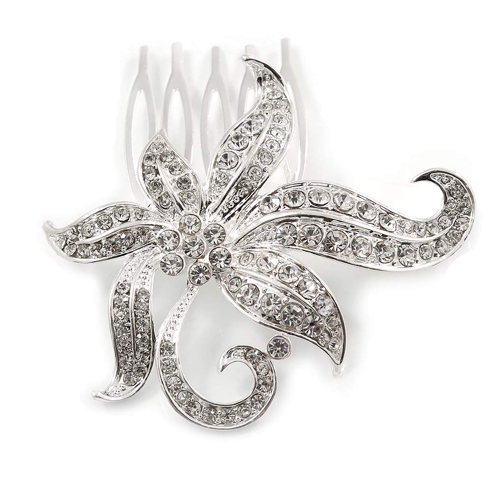 Clear Austrian Crystal Asymmetrical Flower Side Hair Comb In Rhodium Plating - 60mm