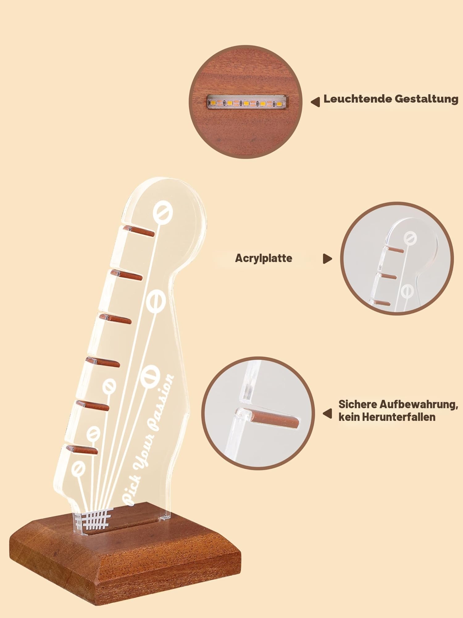 CoolGift Mart Light Up Gitarren-Pick-Halter, Acryl E-Gitarre Kopfplatte geformt Pick-Halter mit hölzernen Basis für Picks Lagerung und Anzeige, Geschenk für Gitarrenspieler Gitarristen 6