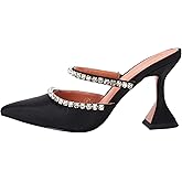 VETASTE Women's Pointed Toe Strappy Heels Crystal Satin Heeled Mules Wedding Party Shoes