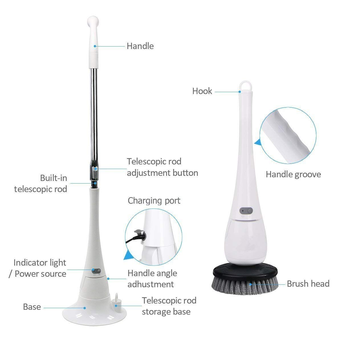 Electric bathroom Brush Cordless Power Scrubber Cleaner Heavy Duty All Purpose Cleaning for Swimming Pool, Bathroom, Window, Car and More (White)