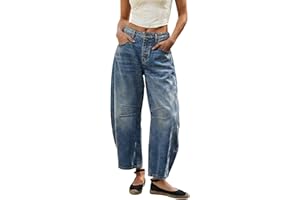 Women's Barrel Jeans Vintage Y2k Baggy Boyfriend Loose Wide Leg Button Up Mid Rise Stretch Denim Ankle Pants Trouser