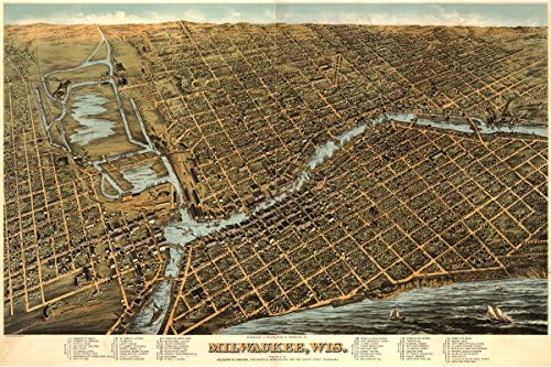 Map of Milwuakee, Wisconsin 1872; Antique Birdseye Map; Custom Printed