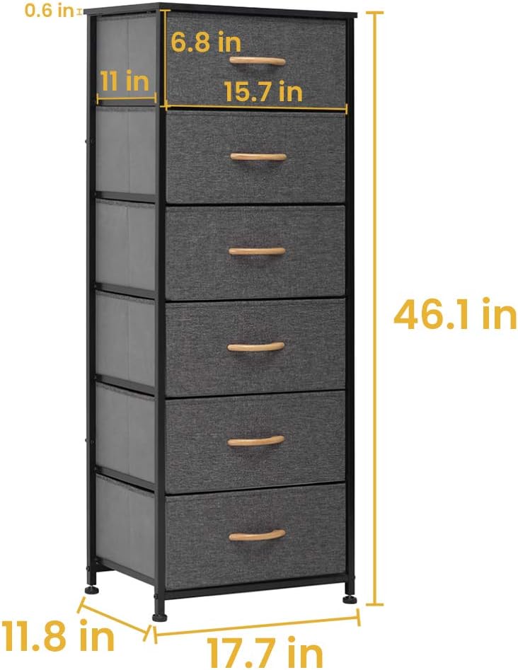 Crestlive Products Vertical Dresser Storage Tower - Sturdy Steel Frame, Wood Top, Easy Pull Fabric Bins, Wood Handles - Organizer Unit for Bedroom, Hallway, Entryway, Closets - 6 Drawers (Gray): Home Improvement
