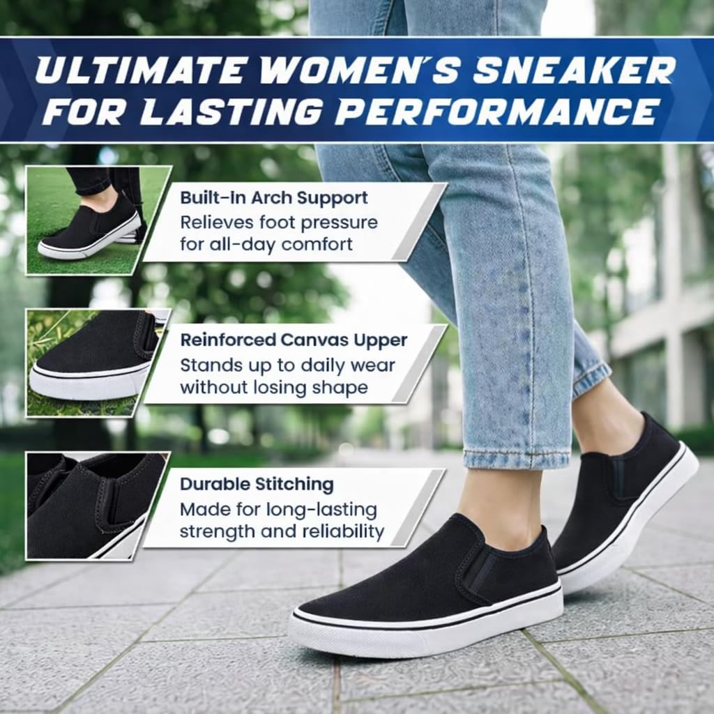 Emma Shoes Low-Top Slip Ons Women's Fashion Sneakers Casual Canvas Sneakers for Women Comfortable Flats Breathable Padded Insole Slip on Sneakers Women Low Slip on Shoes, Black, 8