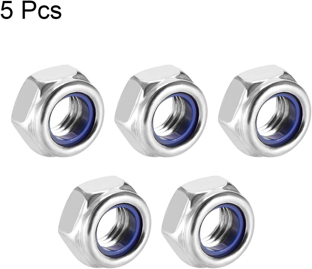 sourcing map Hex Lock Nuts - M8 x 1.25mm Stainless Steel Nylon Insert Self-Locking Nuts for Fasteners 5Pcs Silver Tone - Image 4