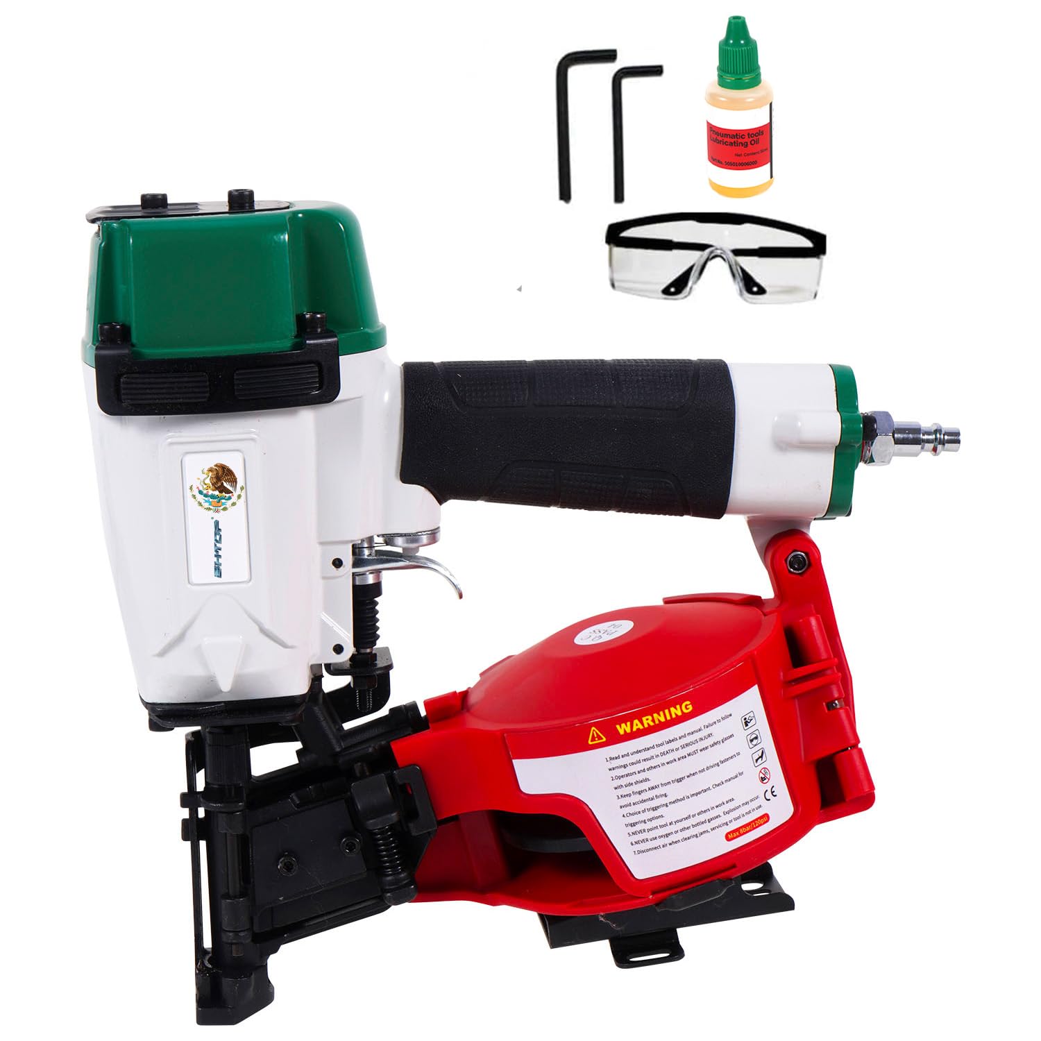 Photo 1 of BHTOP Mexican CN45N Roofing Nailer, 15 Degree Roofing Nail Gun, 3/4-Inch to 1-3/4-Inch Coil Nails, 120-pcs Load Capacity Coil Naile (Green/Red?