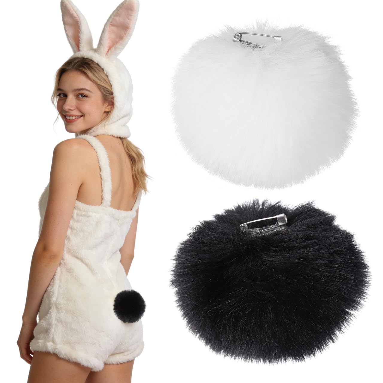 Happyyami 2PCS Bunny Tail Clip on Pom Poms Rabbit Costume Plush Ball Brooches Animal Cosplay Accessory for Easter Halloween Cosplay Party Performance