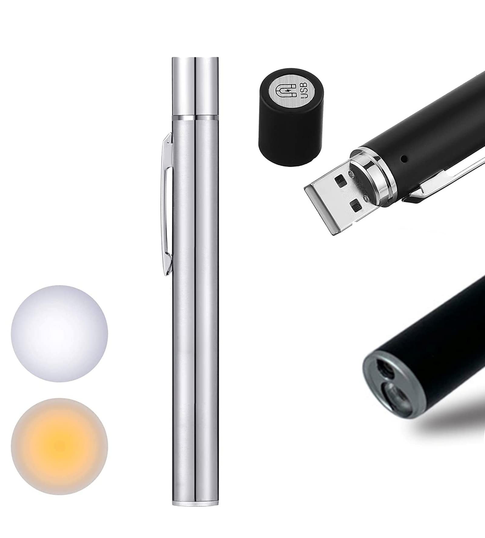 Exeton - Pen Torch Reusable, Diagnostic Medical Penlight USB Rechargeable LED Pen Ligh for Nurses Students Doctors, Mini Flashlight with Dual LED Bulbs, Magnetic Cap, Pocket Clip (Silver)
