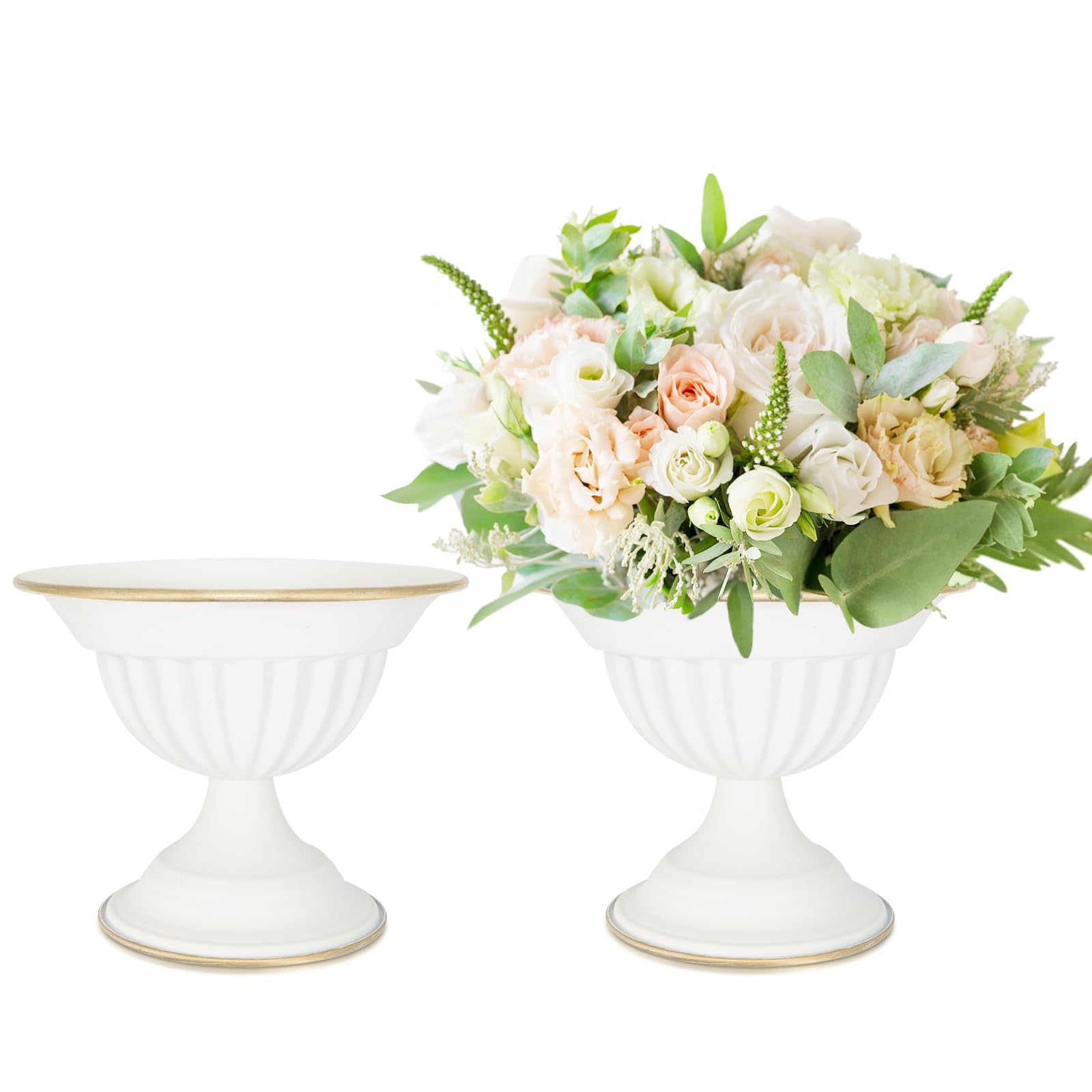 Photo 1 of AZXTOPSEZ White Flower Vases for Centerpieces: Wedding Compote Bowl 5.1 Inch Small Urn Vase Metal Pedestal Vase for Table Party Event Home Set of 2