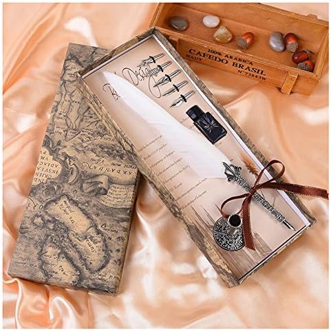 Vintage Antique Feather Pen Stem Metal Writing Quill Pen Set Calligraphy Pen Metal Carving Appearance,with 5 PCS Nibs,A Pen Holder,A Bottle of Ink(Style Nine)