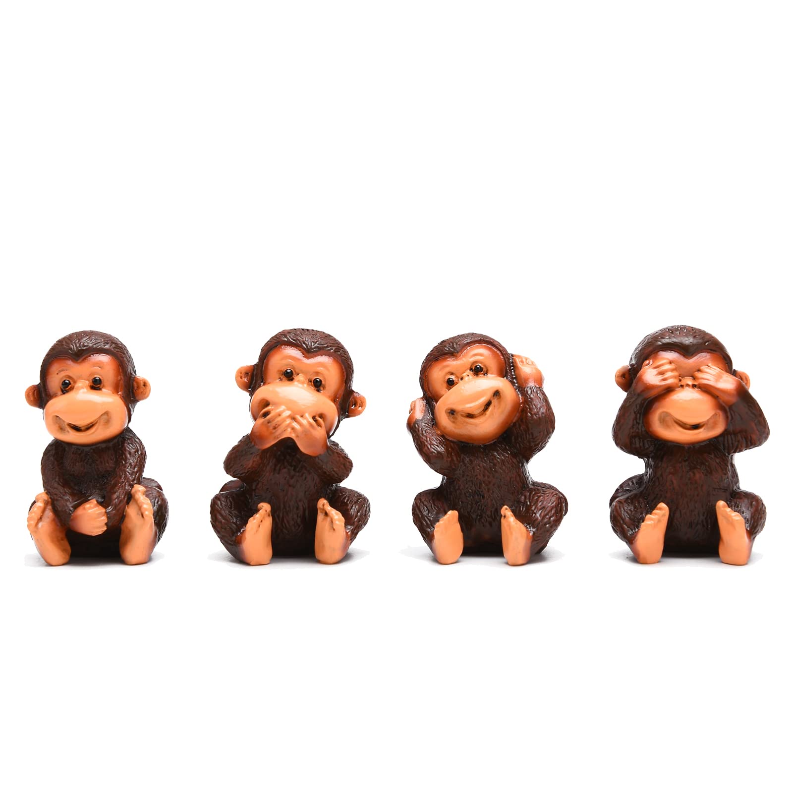 BRABUD Fengshui Resin See no Evil Speak no Evil Monkey Figurines Set of 4 Home Office Desk Decor Statue Collection (Brown)