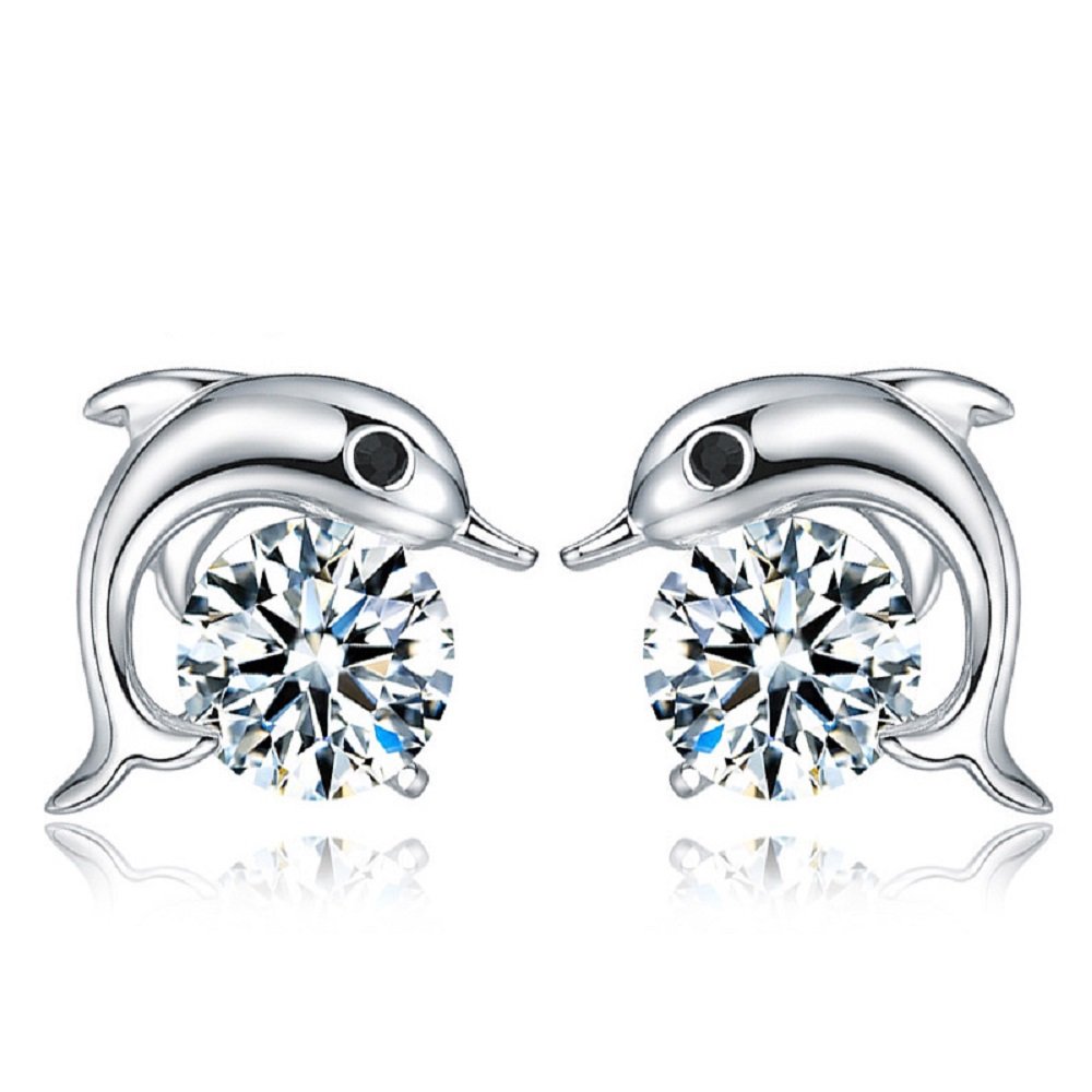Crystalline Azuria Women Girls 18ct White Gold Plated White Zirconia Crystals Dolphins Stud Earrings