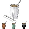 Husfunov 8oz Yerba Mate Cup, 304 Stainless Steel Double-Wall Mate Cup, Heat Insulation Yerba Mate Gourd, Tea Cup Set Includes Cleaning Brush & 2 Bombillas (Marble)