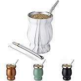 Husfunov 8oz Yerba Mate Cup, 304 Stainless Steel Double-Wall Mate Cup, Heat Insulation Yerba Mate Gourd, Tea Cup Set Includes Cleaning Brush & 2 Bombillas (Marble)