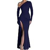 Memoriesea Women's One Shoulder Long Sleeve Sexy High Slit Wedding Guest Party Maxi Dress