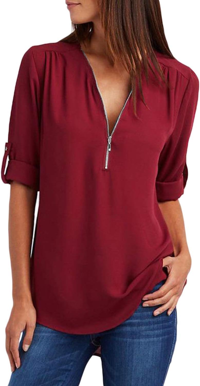 Women 4/1 Zip Front Tops Solid Short Sleeves Blouses Shirts