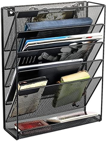 Premium Metal Mesh Wall Hanging File Organizer - Wall Mounted File Holder / 5 compartments for file and bottom bin area for pens and notepads / Save Space / Professional Look / Easy to Hang