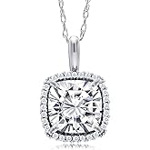 Gem Stone King 10K White Gold White Moissanite and White Diamond Pendant Necklace For Women | 1.90 Cttw | Gemstone Birthstone, | Cushion Cut 7MM | With 18 Inch Chain
