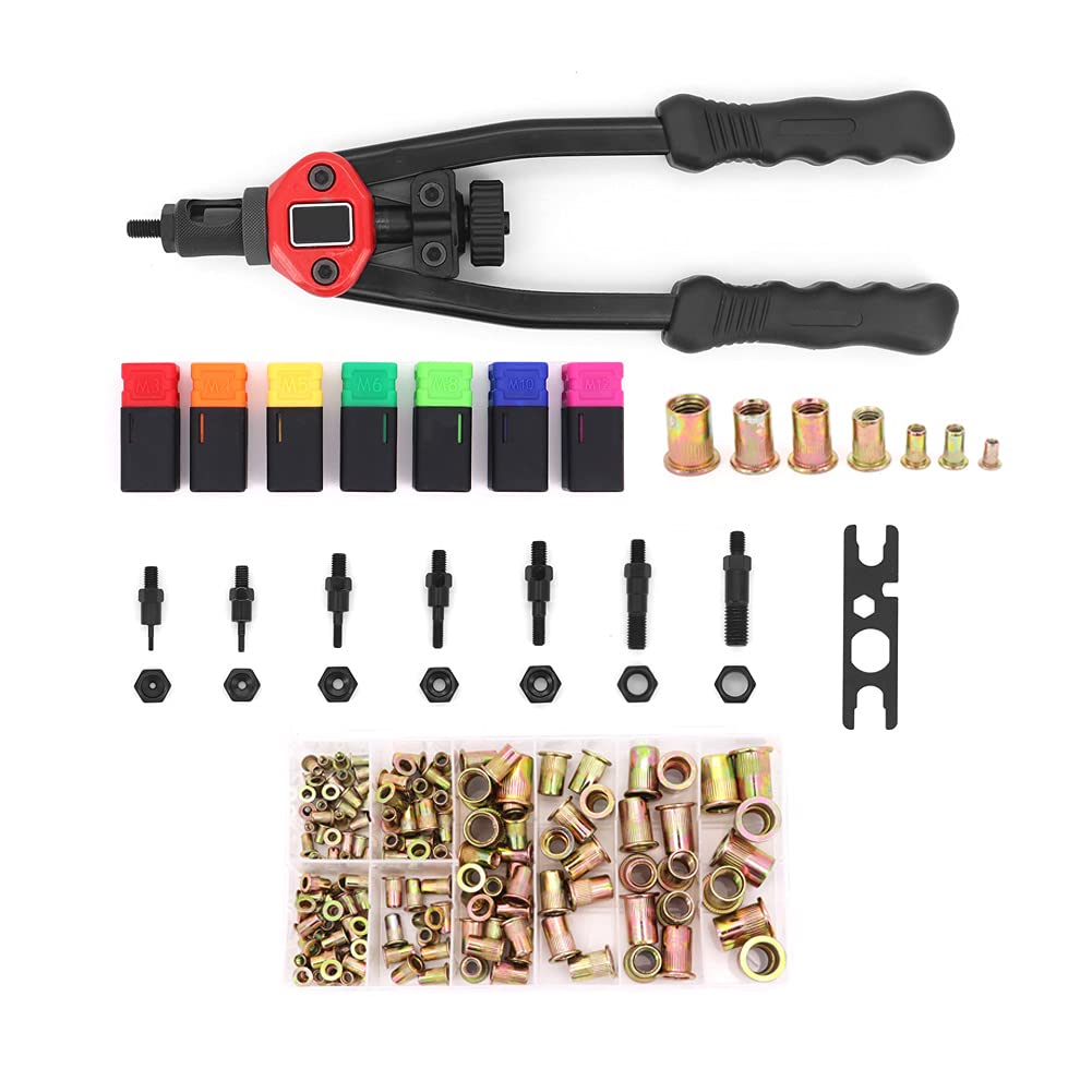 Yuhtech Rivet Nut Tool, 13 inch 330mm Heavy Duty Rivet Gun Riveter Tool Kit M3-M12 Hand Rivet Nut Gun Rivet Setter Kit, with 140 Pcs Rivet Nuts Set and 7 Pcs Mandrels