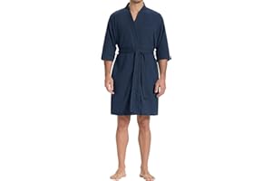 SIORO Mens Waffle Knit Lightweight Robe, Short Bathrobe with Pockets & 3/4 Sleeves, Kimono Loungewear for Summer & Spa