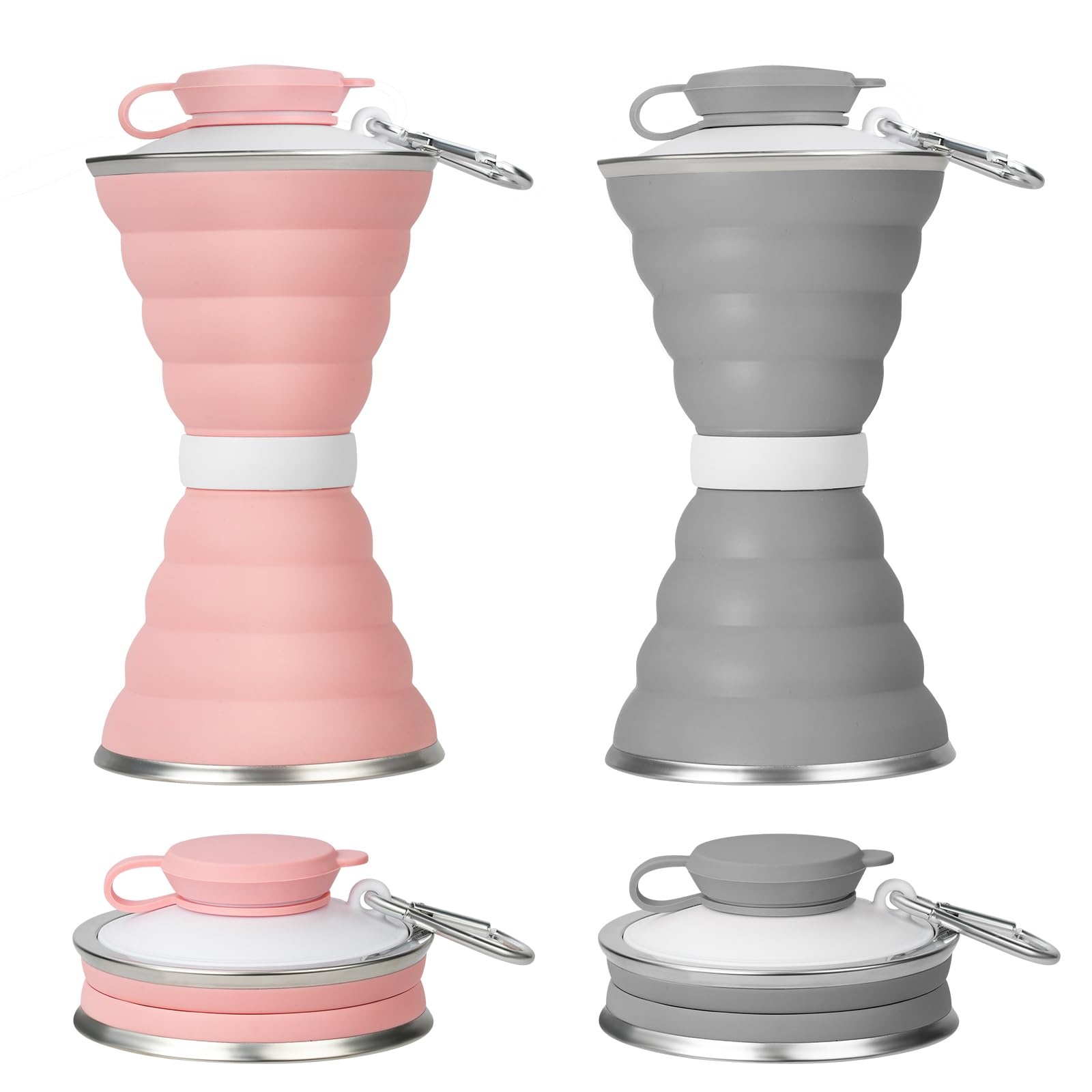 AMFUN Collapsible Water Bottle, Silicone Foldable Portable Water Bottle, BPA Free, Reusable Leakproof With Carabiner for Travel Camping Hiking Cycling Sport 500 ml-2PCS（Gray+Pink）