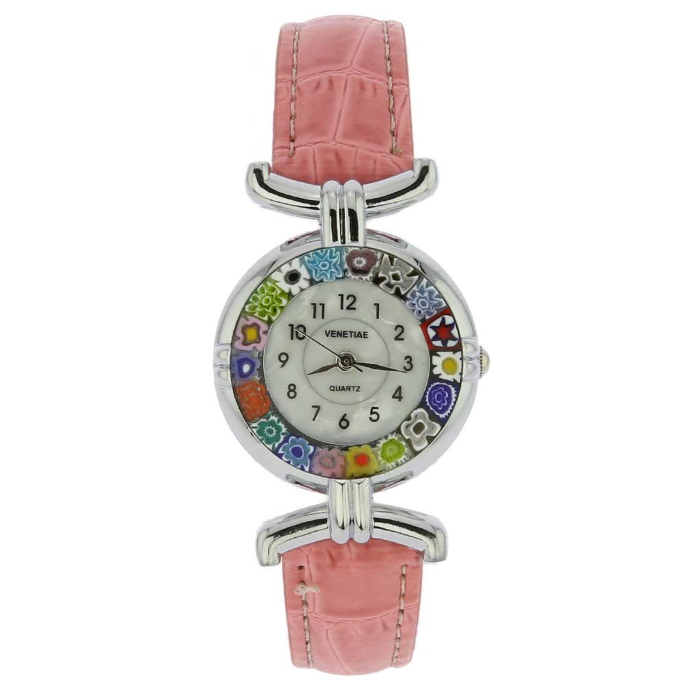 Glass Of Venice Murano Glass Millefiori Watch Round Multicolor Silver-Tone - 1" Face with Pink Band for Women - Handmade in Italy
