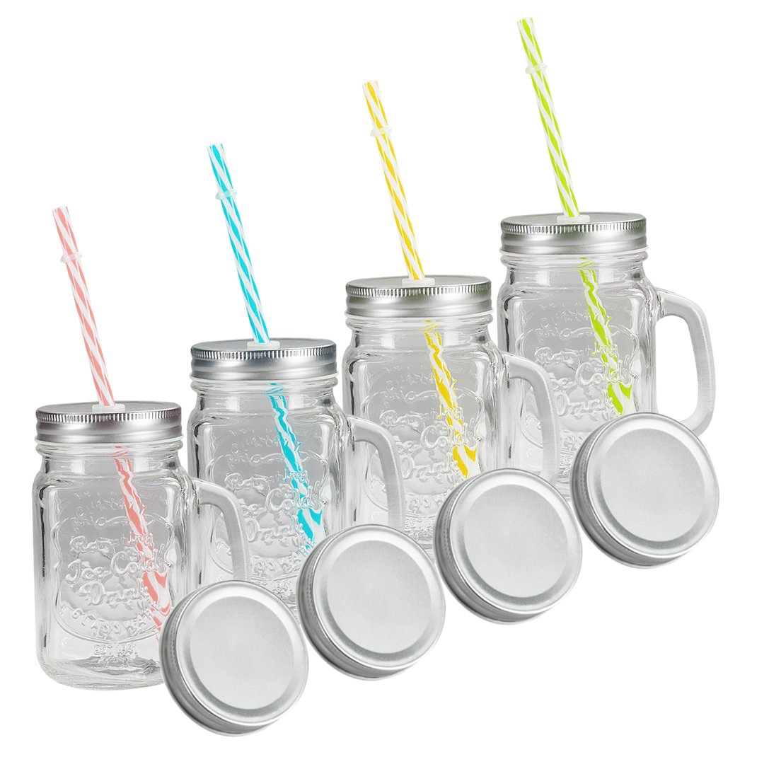 Tosnail 15 Oz. Mason Jar Mugs with Handle, Tin Lid and Plastic Straws