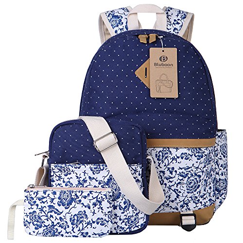 BLUBOON Canvas Backpack Girls School Bags Set for Teens, Bookbags + Shoulder bag + Pouch 3 in 1