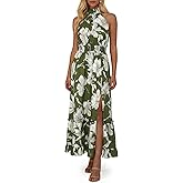Wenrine Women's Summer Floral Maxi Dress Halter Tie Back Backless Casual Side Split Flowy Beach Vacation Boho Sundress