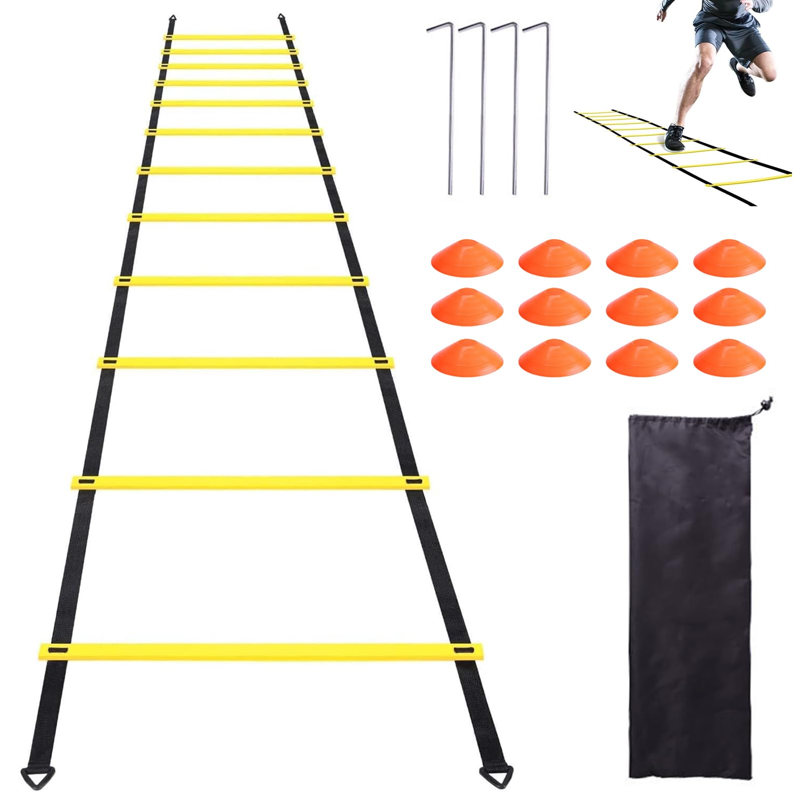 LWuuywa Training Ladder Coordination Ladder 6 m Football Training Accessories 12 Rungs Children's Training Ladder with 12 Cones 4 Stakes & Carry Bag Training Set for Basketball Football