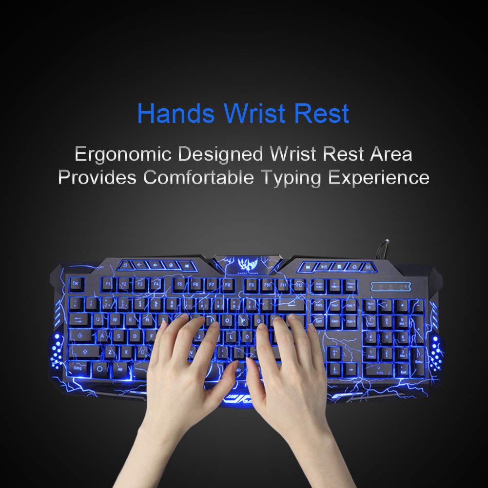 BlueFinger Backlit Gaming Keyboard, Mouse and LED Headset Combo - USB Wired 3 Color Crack Backlit, Blue LED Light Headset - Set for Work and Game
