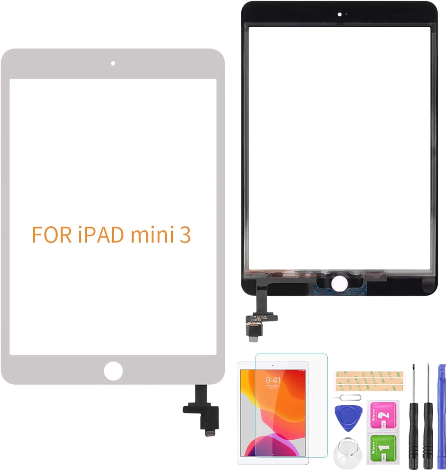 A-MIND for iPad Mini 3 A1599 A1600 Touch Screen Replacement（No Home Button） Front Glass Panel Replacement(No LCD, No Instructions with IC Chip & Tool Kits & Screen Protector(White)