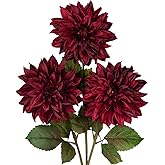 Hollyone 3Pcs Dark Red Fake Dahlia Flowers Fall Flowers Artificial for Decoration Silk Flower with Long Stem 28" Floral Arrangements Bouquets Autumn Faux Dahlias Centerpieces Fall Decorations for Home