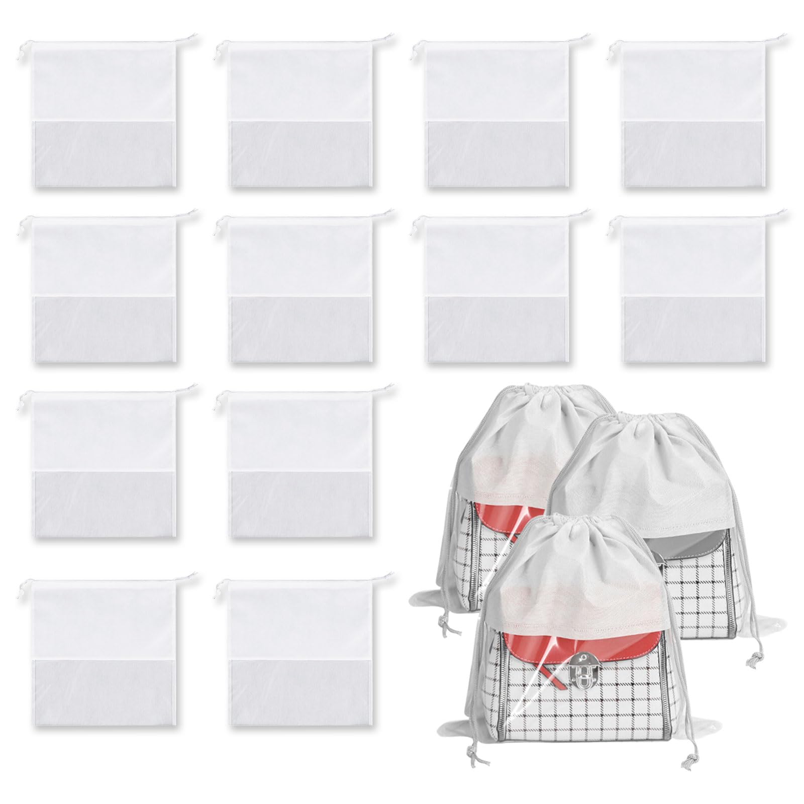 YWNYT 15pcs Dust Bags for Handbags, 35cm x 35cm Non-Woven Fabric Dust-Proof Drawstring Storage Pouch Visible transparent window Dust Cover Bags for Handbag Storage Organizer (White)