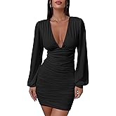 Mokoru Women's Sexy Ruched Bodycon Long Sleeve V Neck Mini Party Cocktail Dress