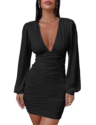 Mokoru Women's Sexy Ruched Bodycon Long Sleeve V Neck Mini Party